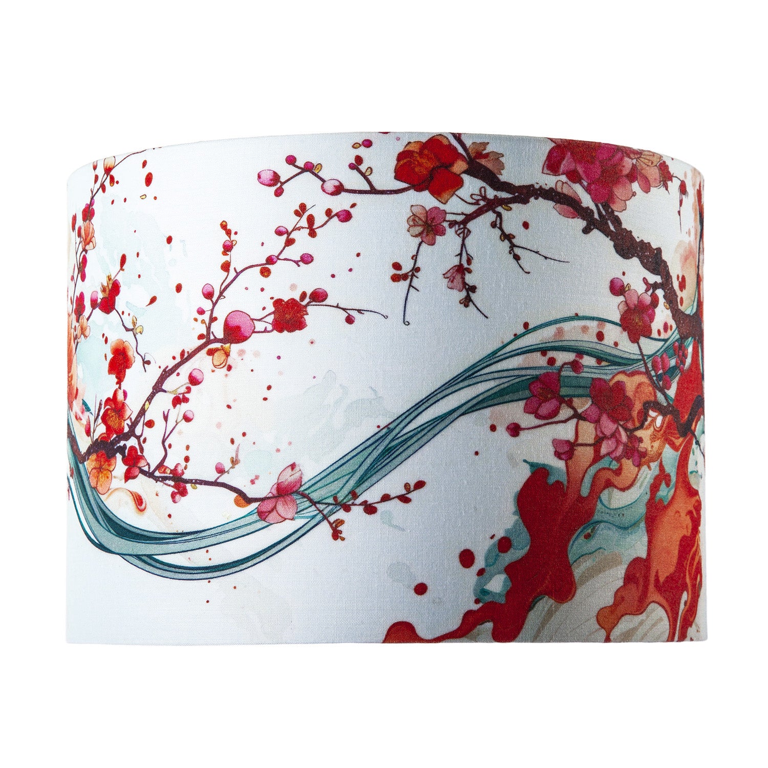 Red Cherry Blossom Watercolour Japanese Themed Fabric Drum Lamp Shade Image 4