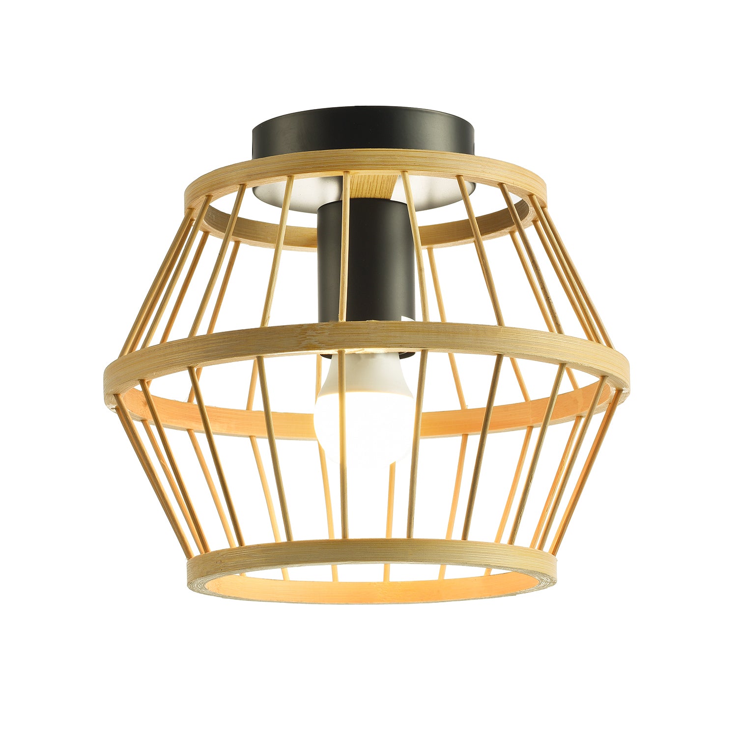 Vintage and Industrial Black Metal Ceiling Light Fitting with Outer Bamboo Frame Image 1