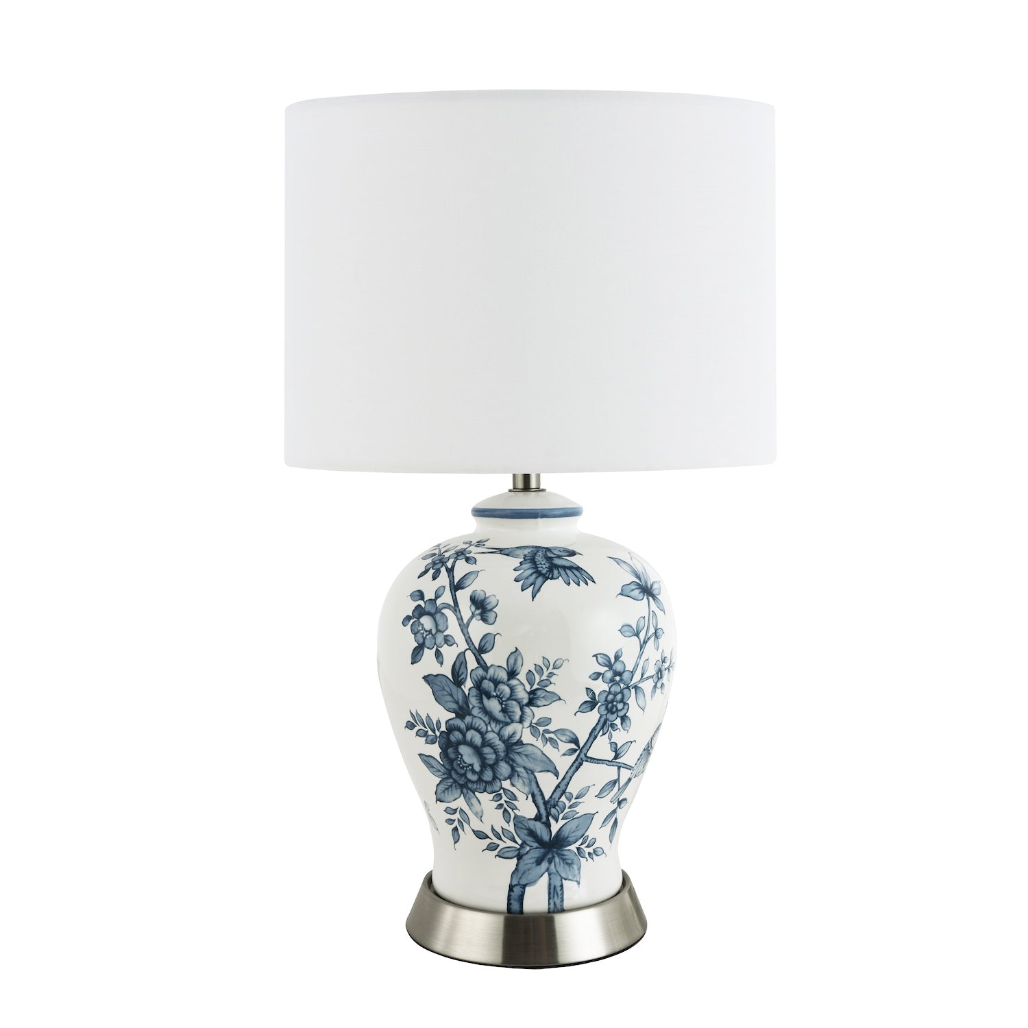 Traditional White Gloss Ceramic Lamp Base with Navy Blue Floral and Bird Decor Image 3