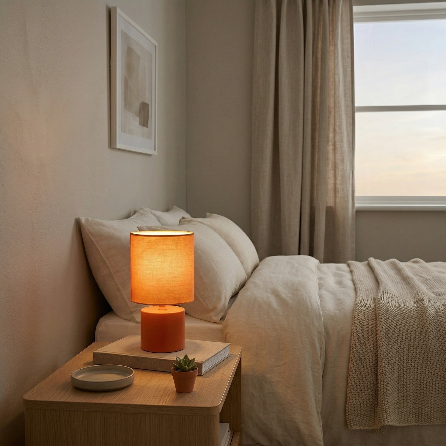 Modern Vibrant Dusty Orange Table Lamp with Cotton Fabric Drum Shade Image 6