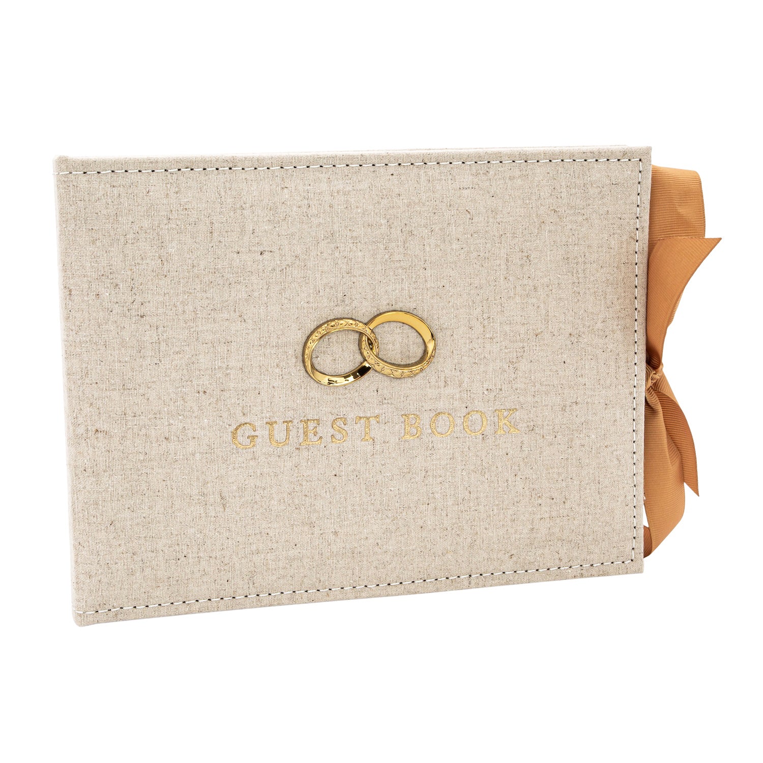 Natural Linen Fabric Wedding Day Guest Book with Shiny Gold Rings Image 1