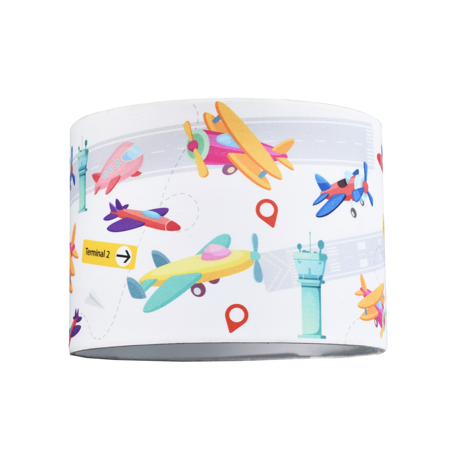 Modern and Colourful Aeroplanes Kids Cotton Fabric Drum Lamp Shade - 25cm Image 1