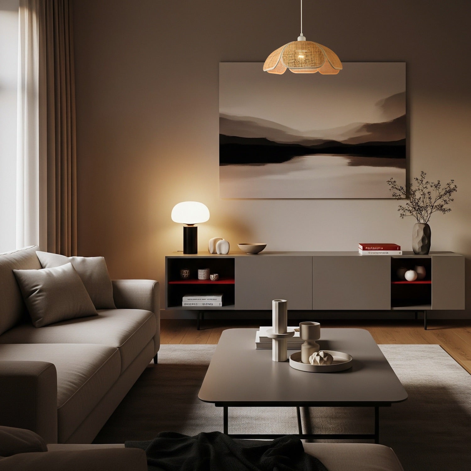 Vintage Art Deco Rattan Pendant Shade with Cream Cotton Fabric Trims Image 5