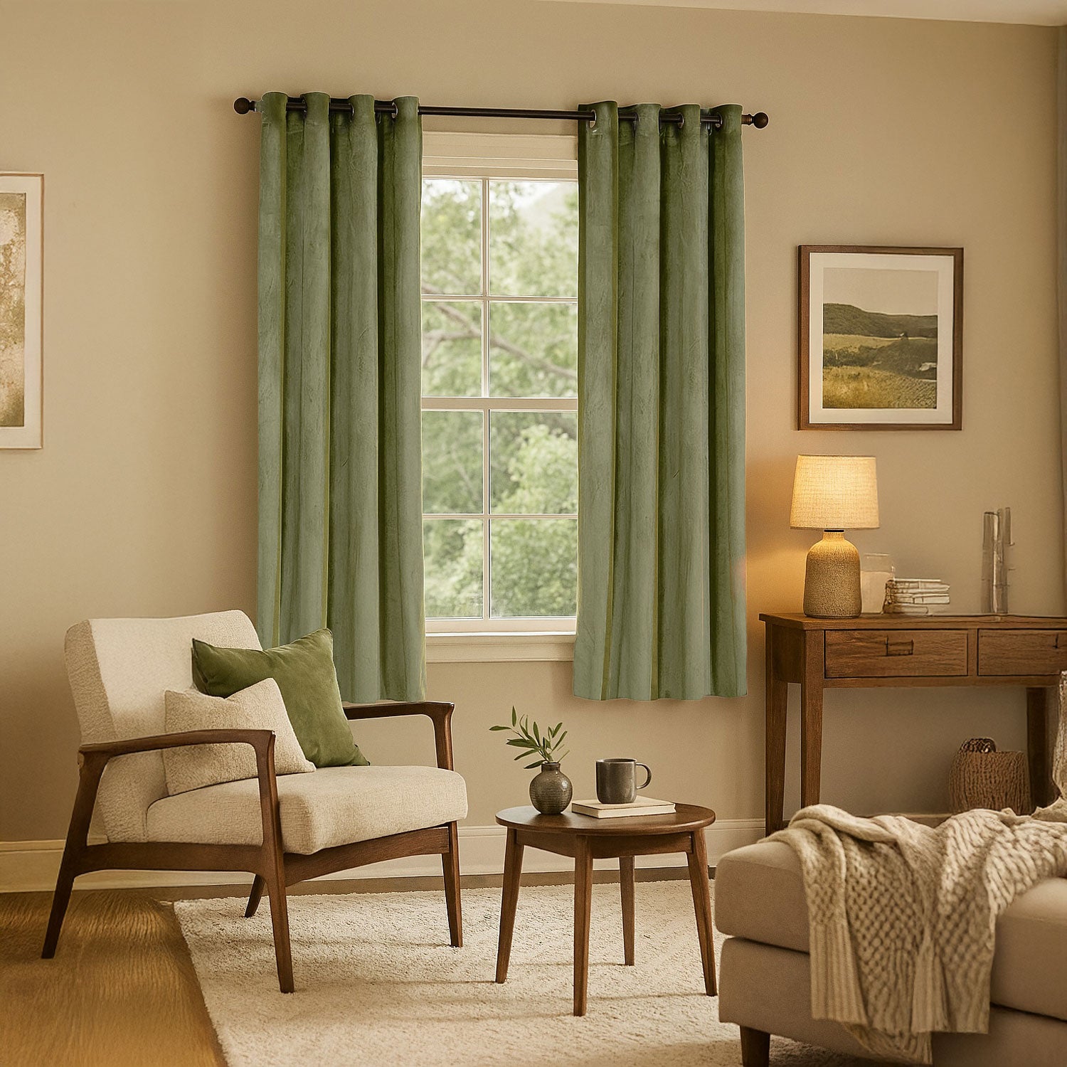 Olive Green Velvet Blackout Eyelet Curtains - 46x63 Inch Drop - Pair Image 6