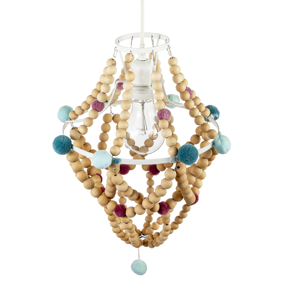 Wooden Beaded Chandelier Style Pendant Shade with Coloured Pom Poms Image 3