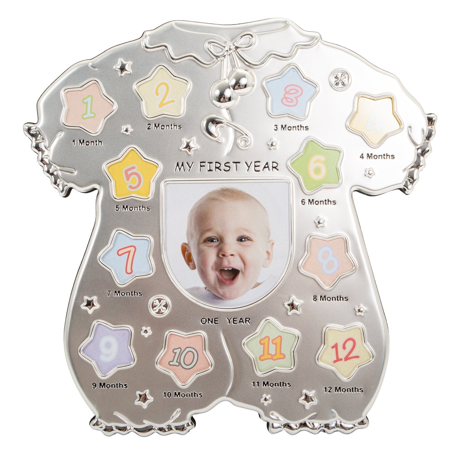 Baby Sleep Suit Shape My First Year Matt and Silver Plated Multi Picture Frame Image 1