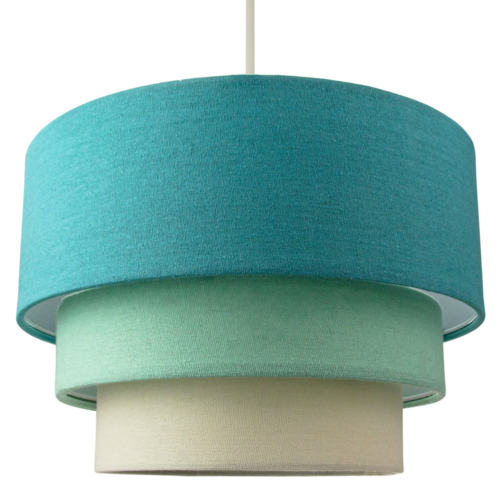 Contemporary Triple Tier Teal Duck Egg & Cream Linen Fabric Pendant Light Shade Image 1