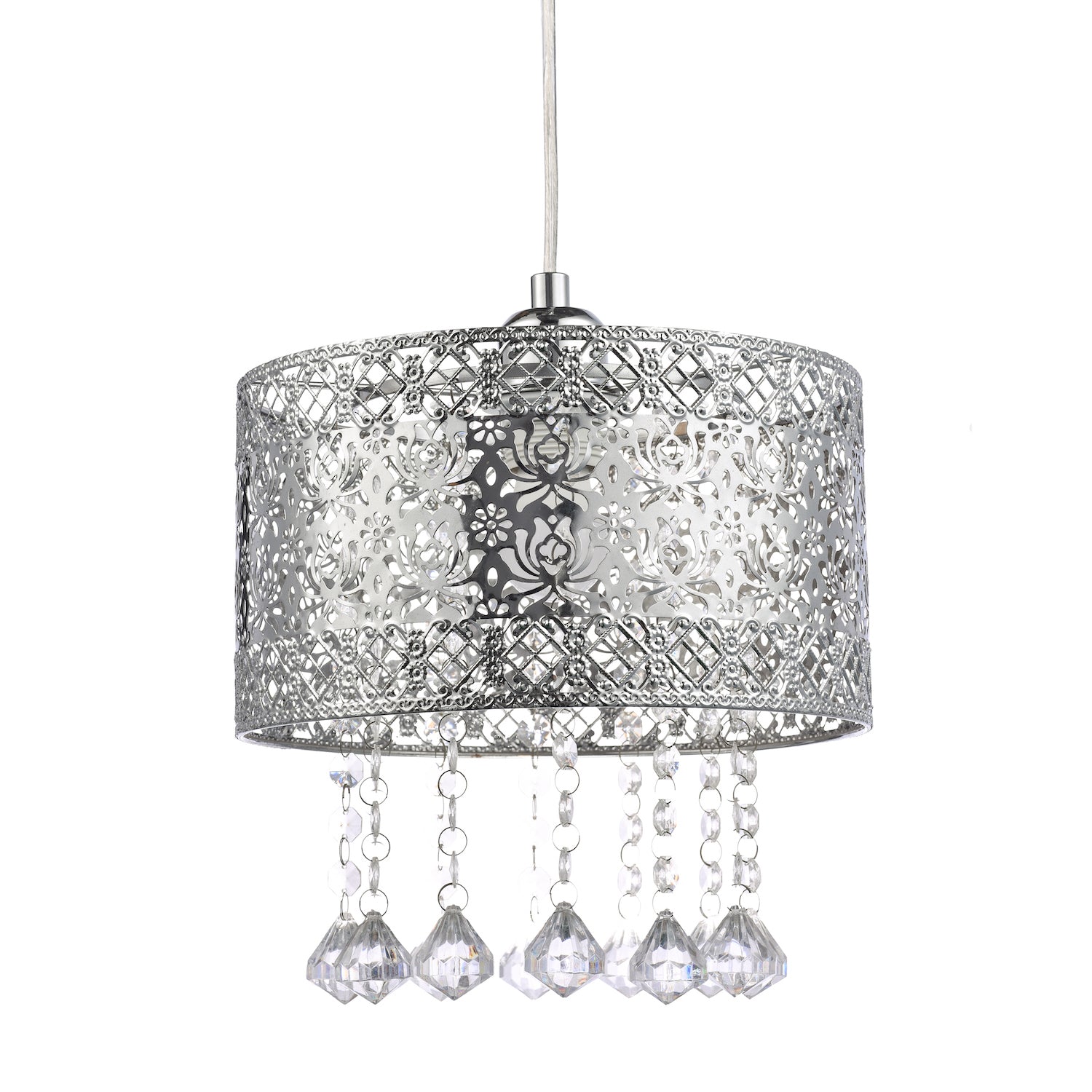 Floral Moroccan Pendant Light Shade in Shiny Chrome with Clear Acrylic Droplets Image 1