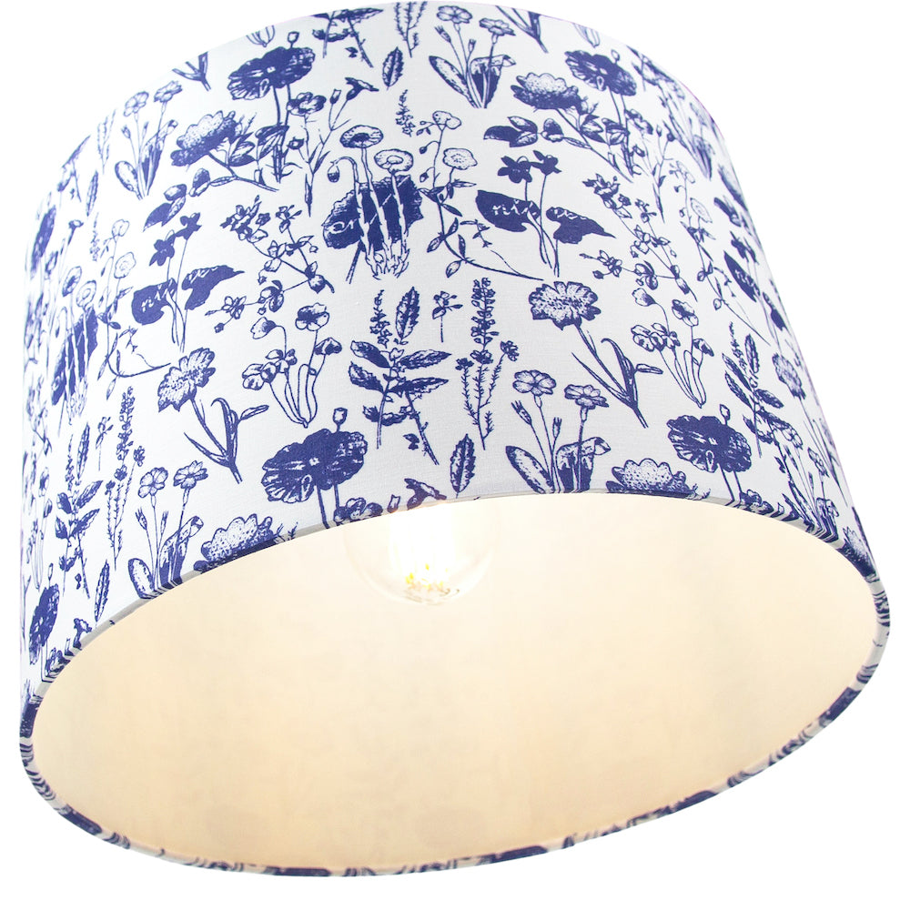 White Cotton 12" Drum Lamp Shade with Blue Floral Decoration and Inner Lining Image 5