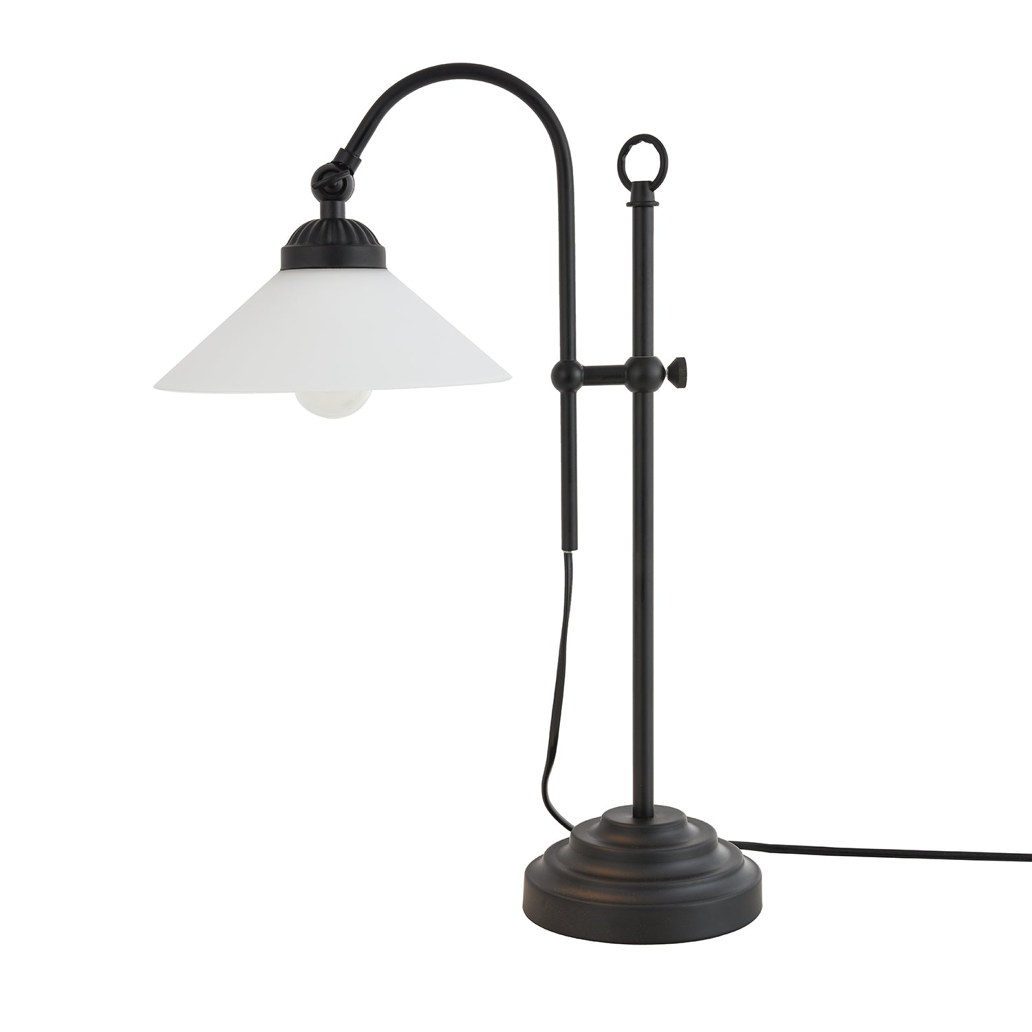 Classic and Vintage Mat Black Lamp with Adjustable Height and Glass Shade Image 1