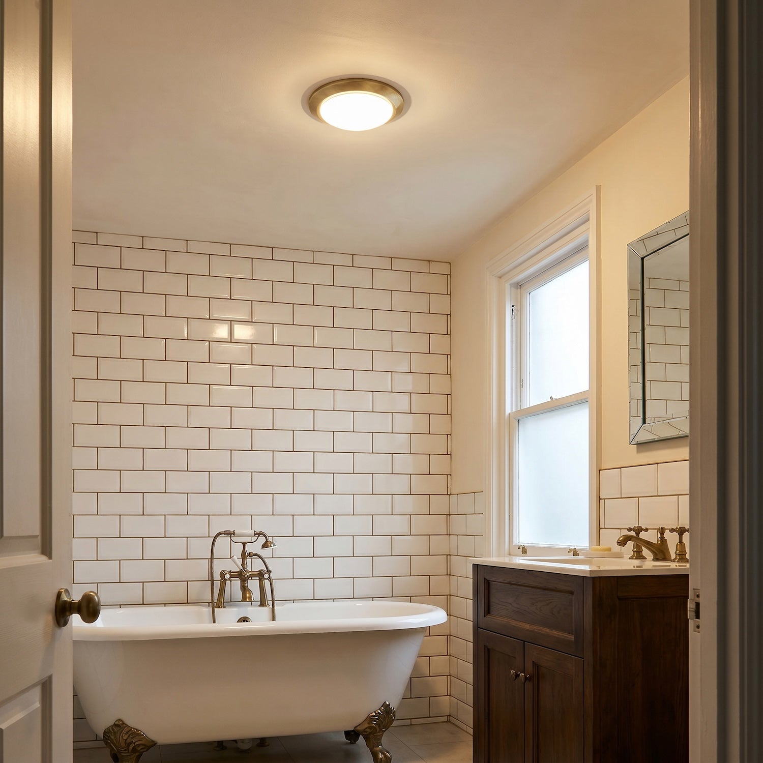 Contemporary Antique Brass Flush LED Bathroom Ceiling Light Fitting Image 6
