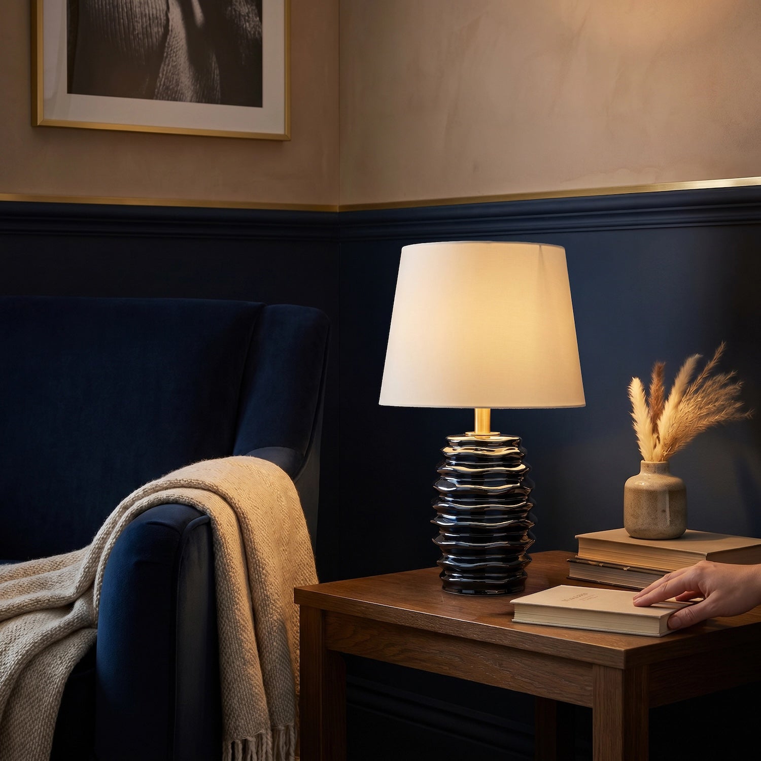 Modern Metallic Blue Gloss Ceramic Table Lamp Base with Ripple Grooves Image 6