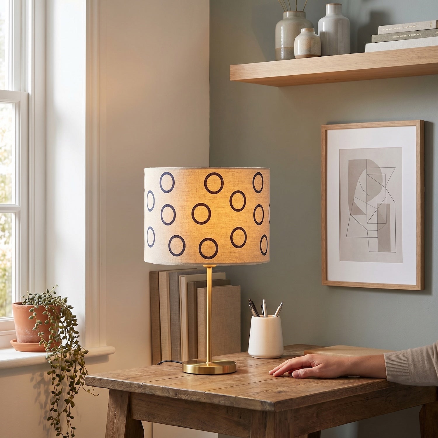 Midnight Navy Blue Open Circle Pattern Linen Fabric Drum Lamp Shade Image 6