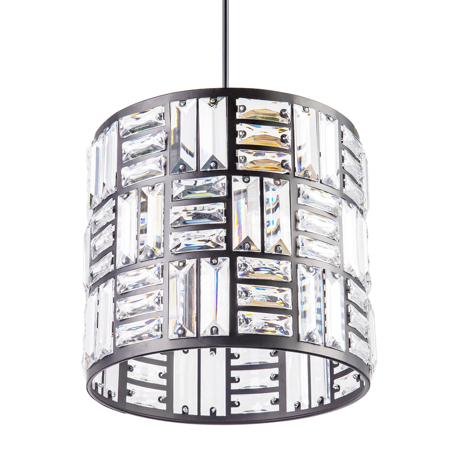 Modern Circular Drum Matte Black Pendant Shade with Clear Acrylic Rods Image 5
