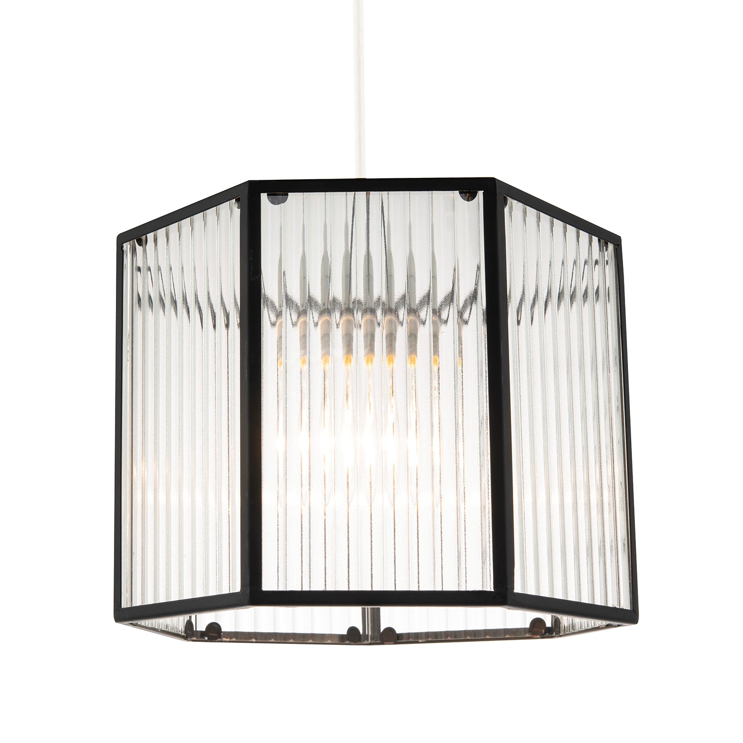 Vintage Industrial Lantern Pendant Shade in Black with Ribbed Glass Image 2