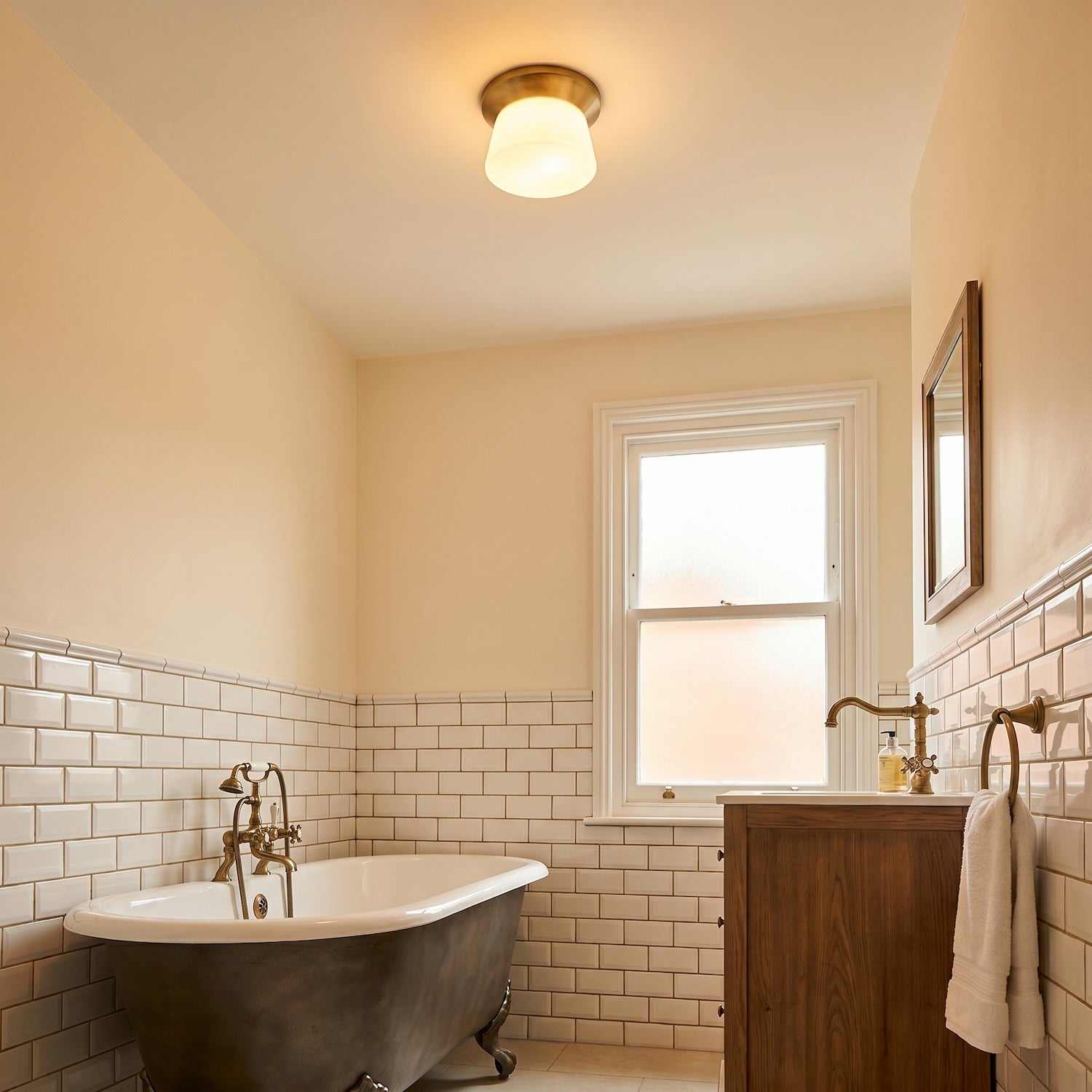 Modern Antique Brass LED Bathroom Ceiling Light with Opal White Glass Image 6