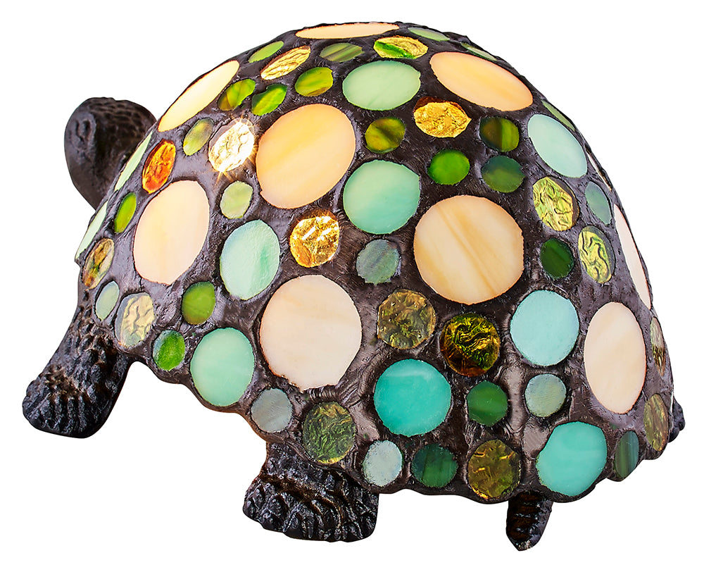 Handmade Green and Amber Pebble Glass Tortoise Tiffany Lamp with Bronze Base Image 3