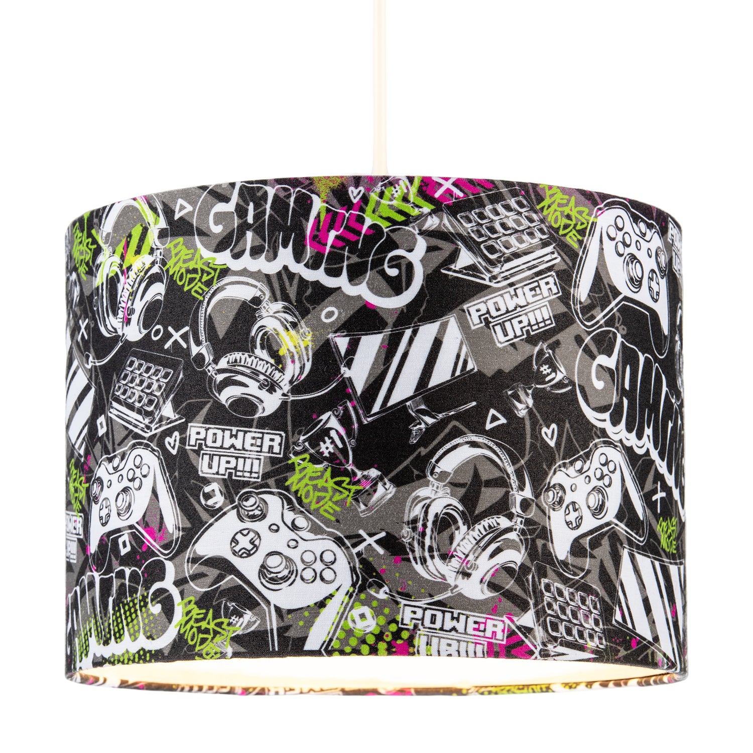 Gaming Themed Cotton Fabric Modern Lamp Shade in Black and Neon Green Image 2