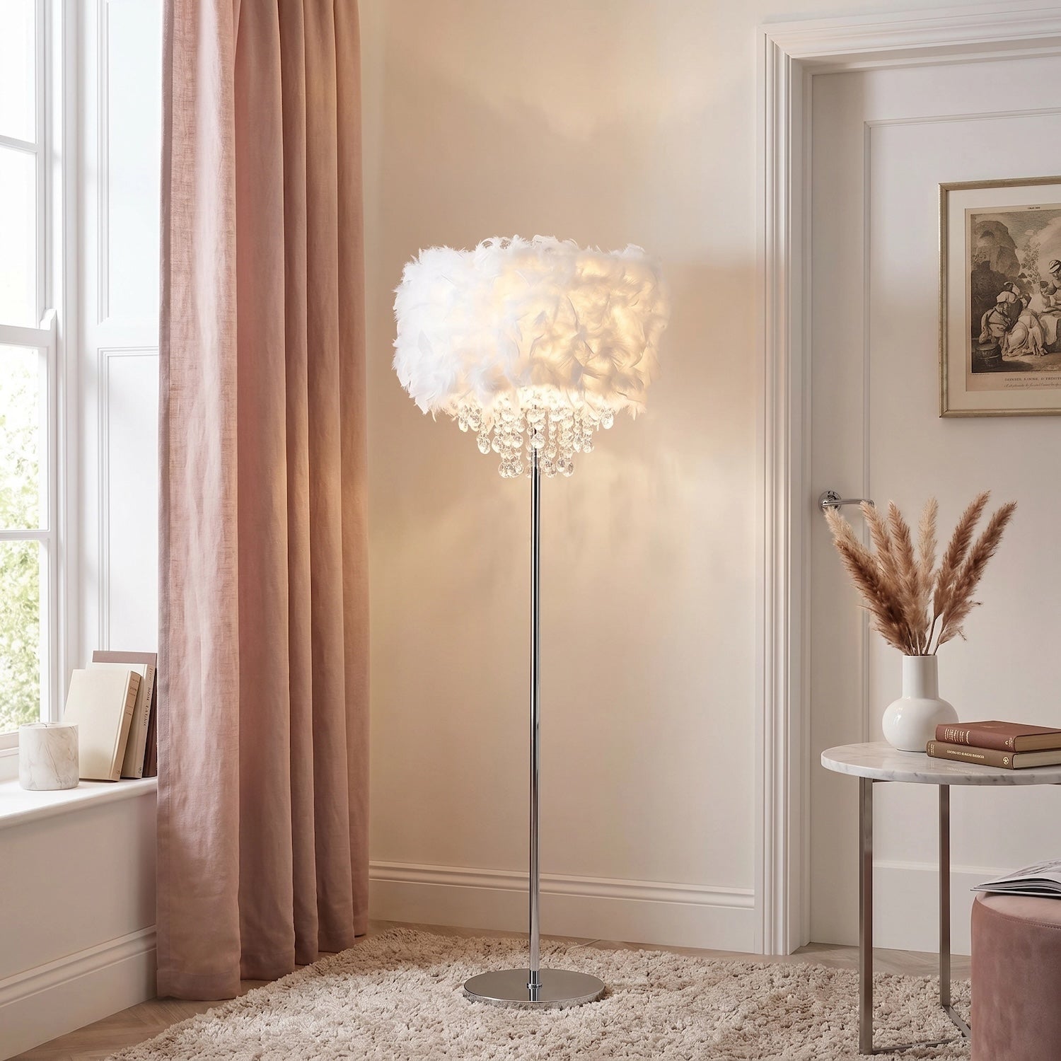 Modern Chandelier Style White Feather Floor Lamp with Waterfall Drops Image 6