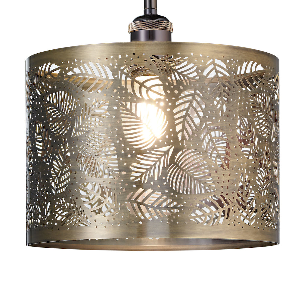 Contemporary Antique Brass Metal Pendant Light Shade with Fern Leaf Decoration Image 4