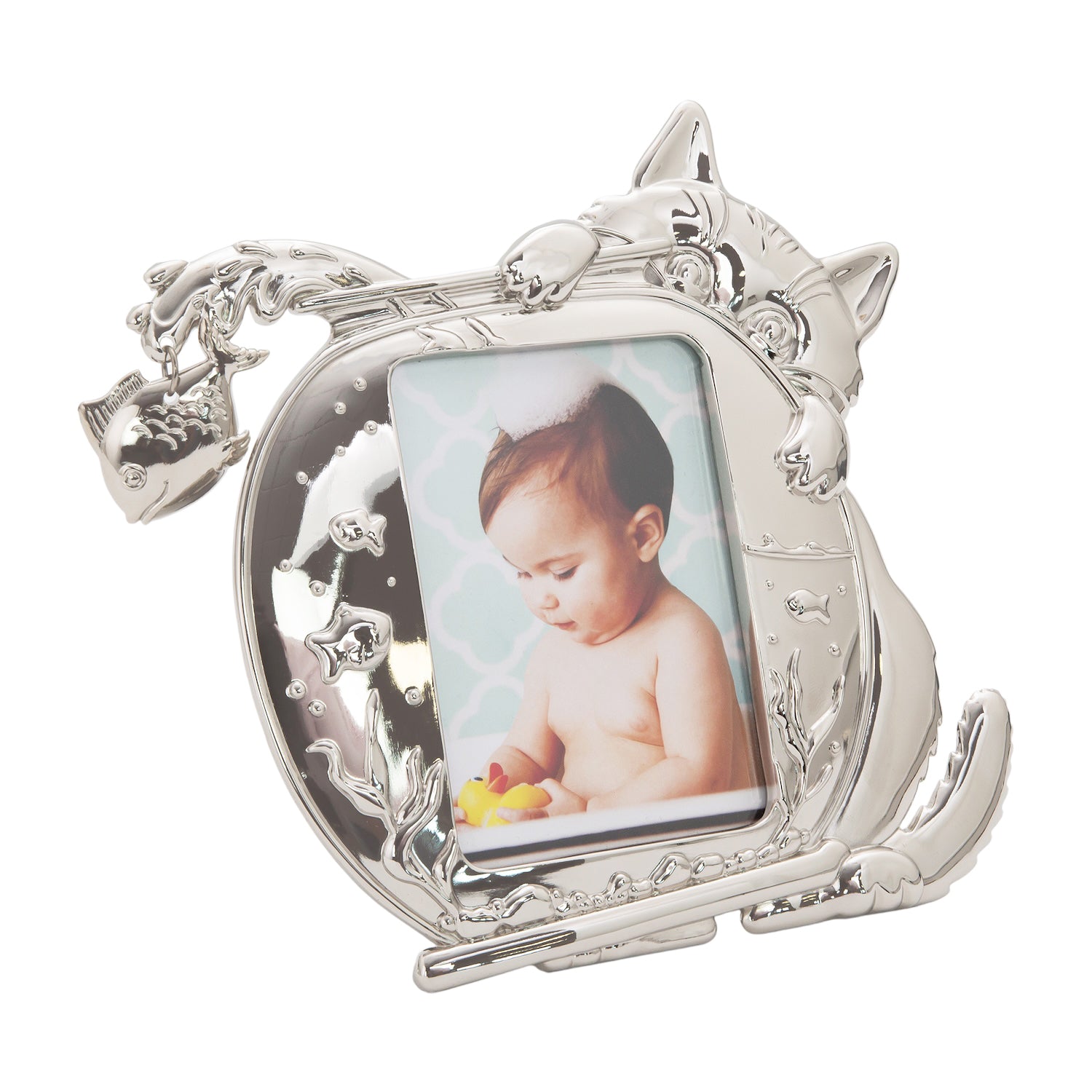 Quirky Hiding Cat Themed Nickel Plated Picture Frame with Hanging Fish Image 2