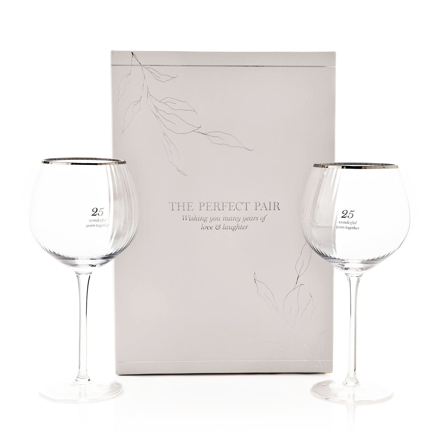 25th Anniversary Pair of Large Clear Ribbed Glass Gin Glasses with Gift Box Image 1