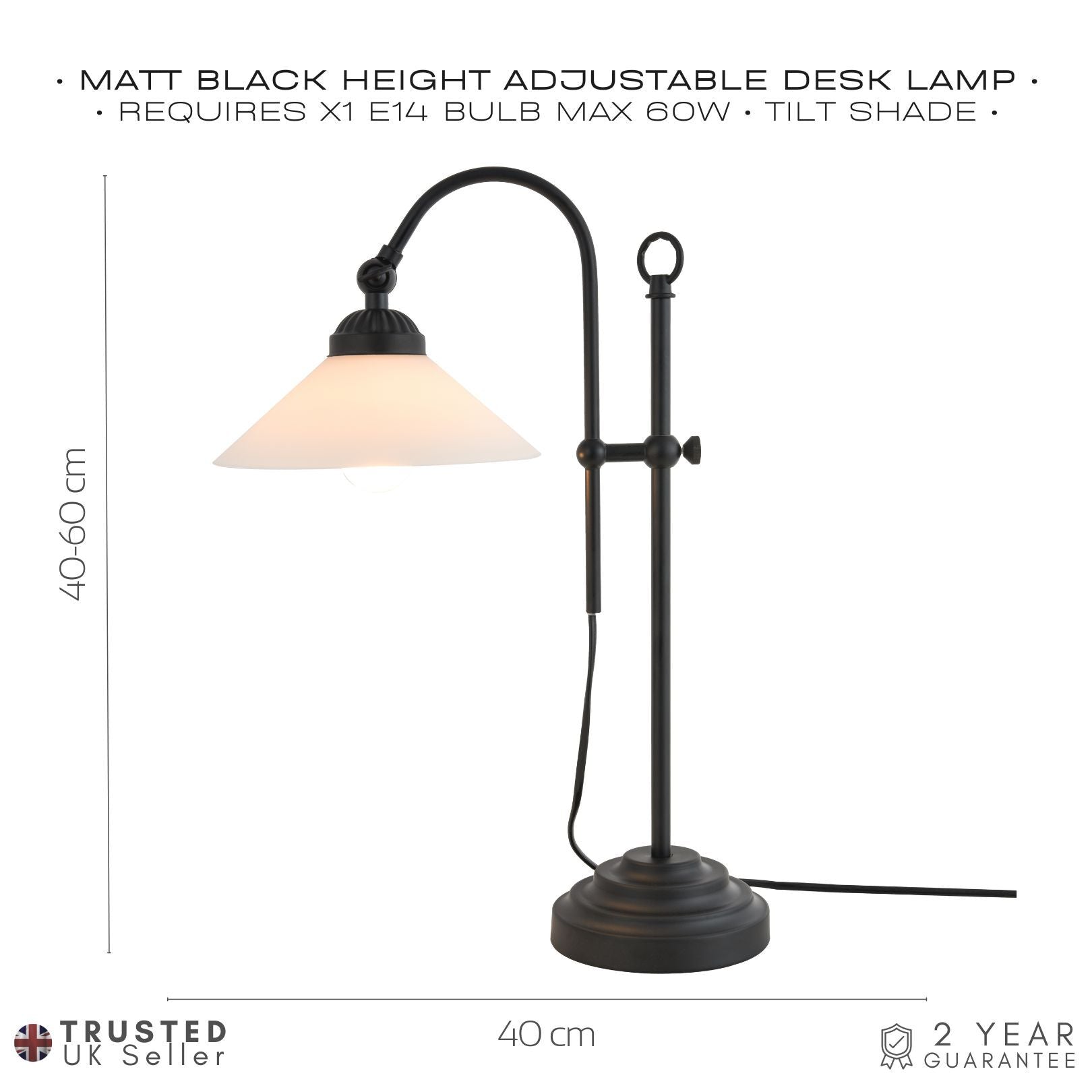 Classic and Vintage Mat Black Lamp with Adjustable Height and Glass Shade Image 6