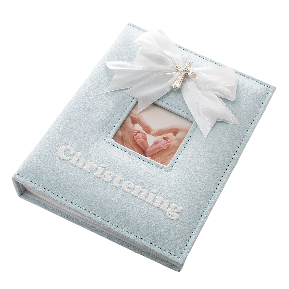 White Faux-Silk Bow and Silver Plated Cross Christening Photo Album in Blue Image 2