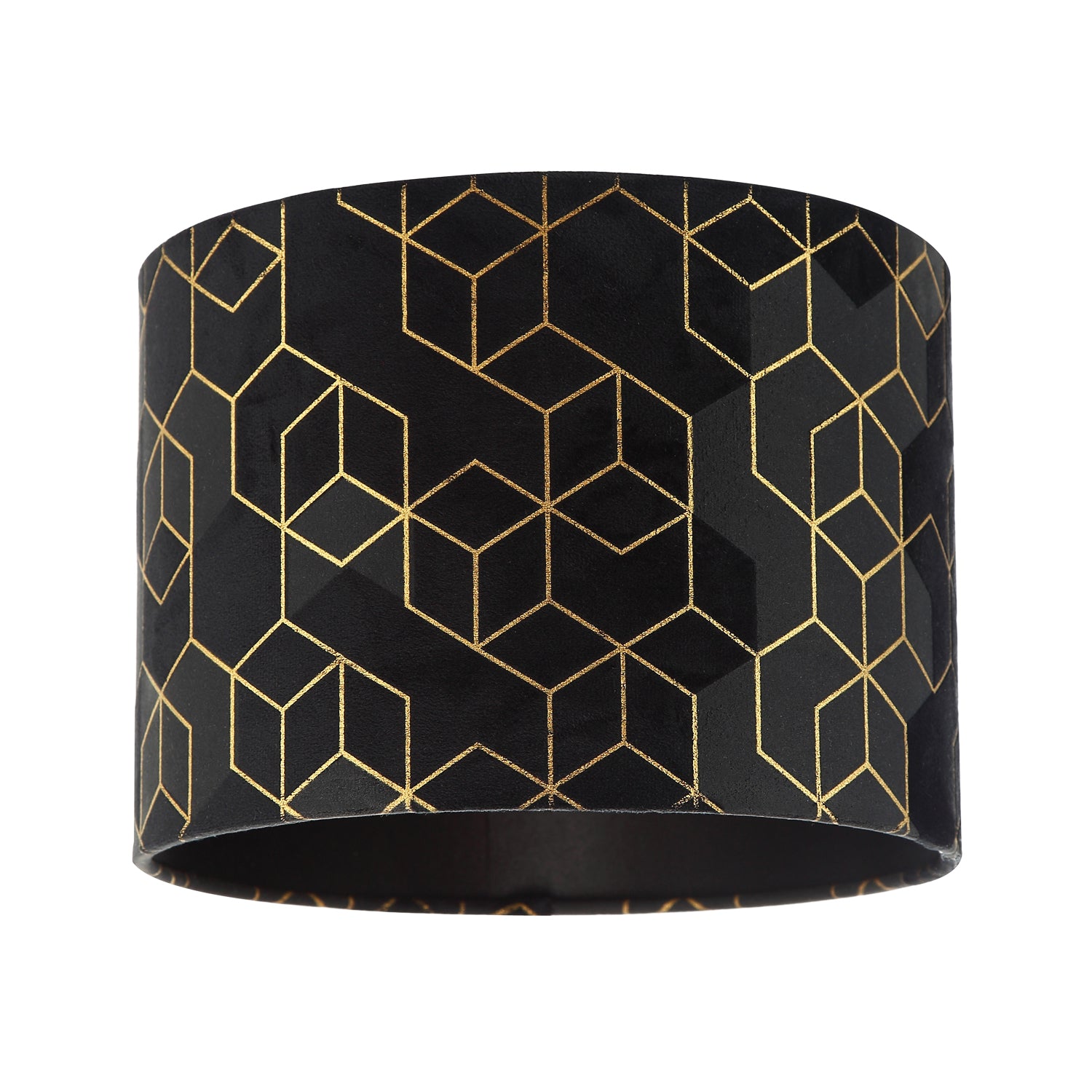 Black Soft Velvet Lamp Shade with Metallic Gold Foil Lines in Geometric Design Image 1