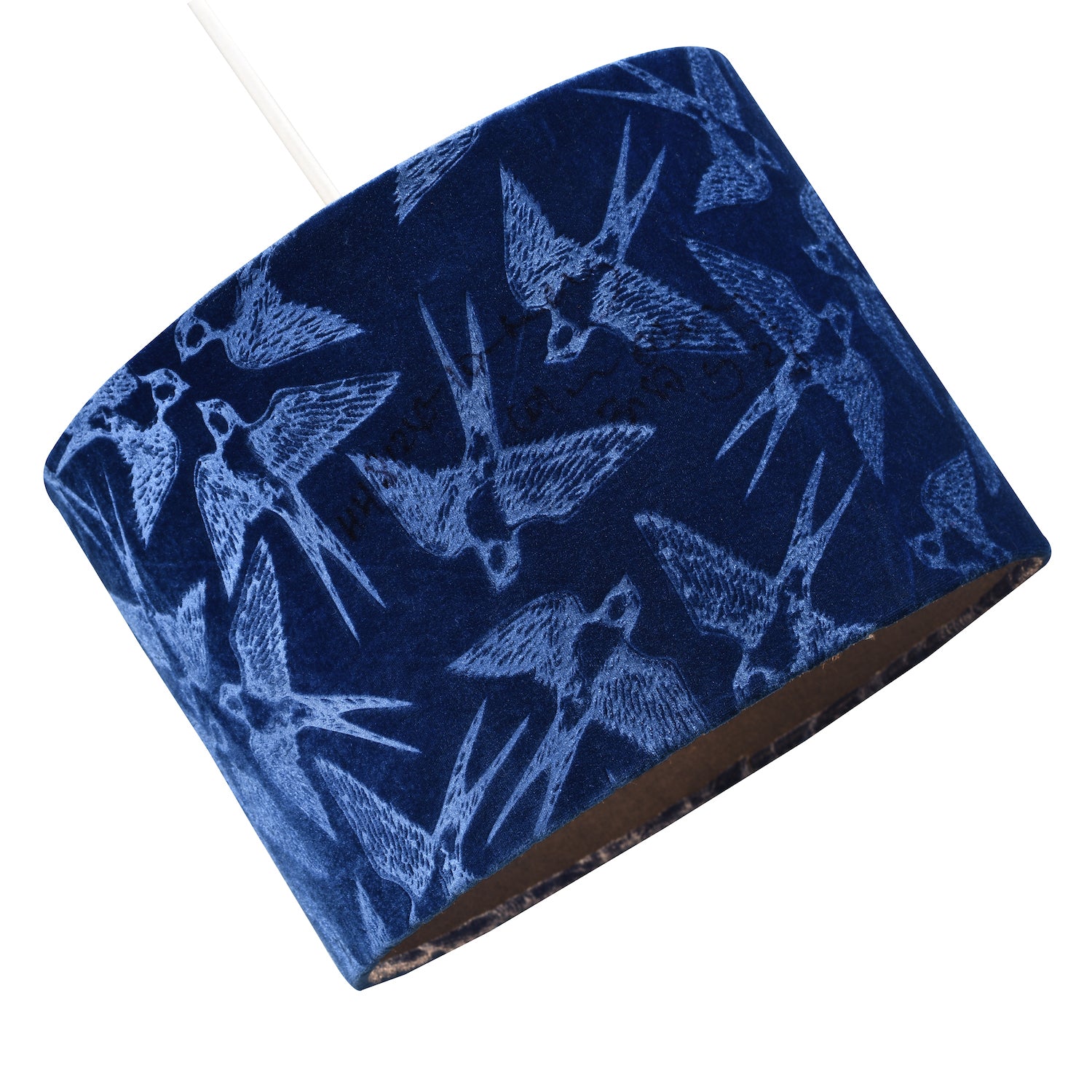 Bird Decorated Navy Midnight Blue Velvet Fabric Lamp Shade with Inner Lining Image 2