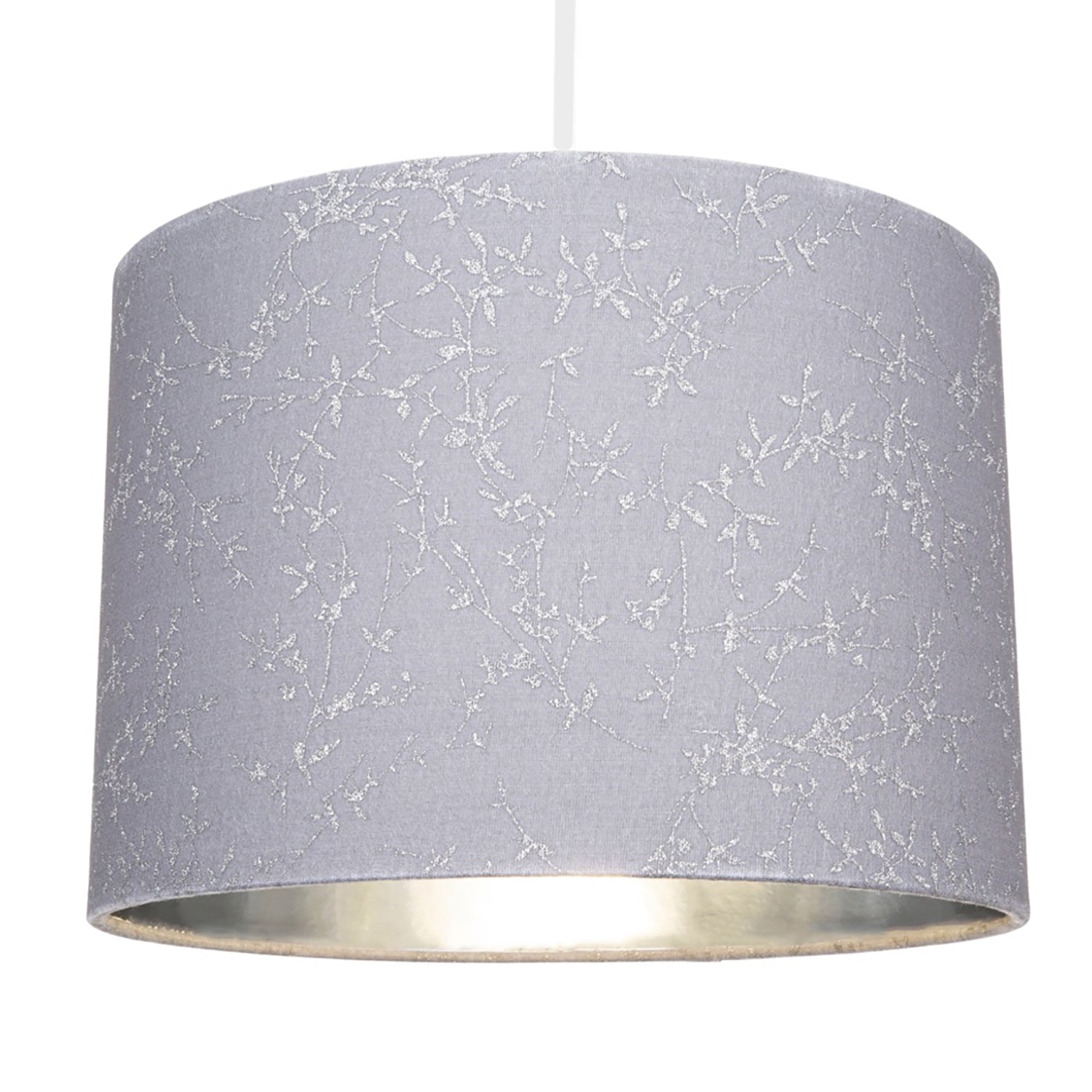 Modern Grey Cotton Fabric 12" Lamp Shade with Silver Foil Floral Decoration Image 2