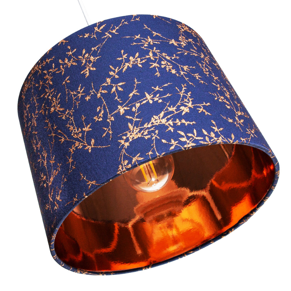 Modern Navy Blue Cotton Fabric 12" Lamp Shade with Copper Foil Floral Decoration Image 4