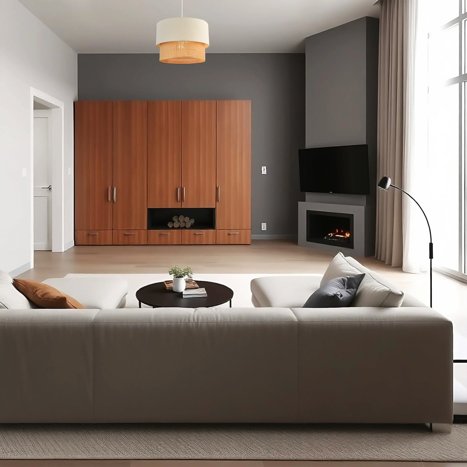Modern Designer Two Tier Cream Linen and Natural Rattan Pendant Shade Image 7