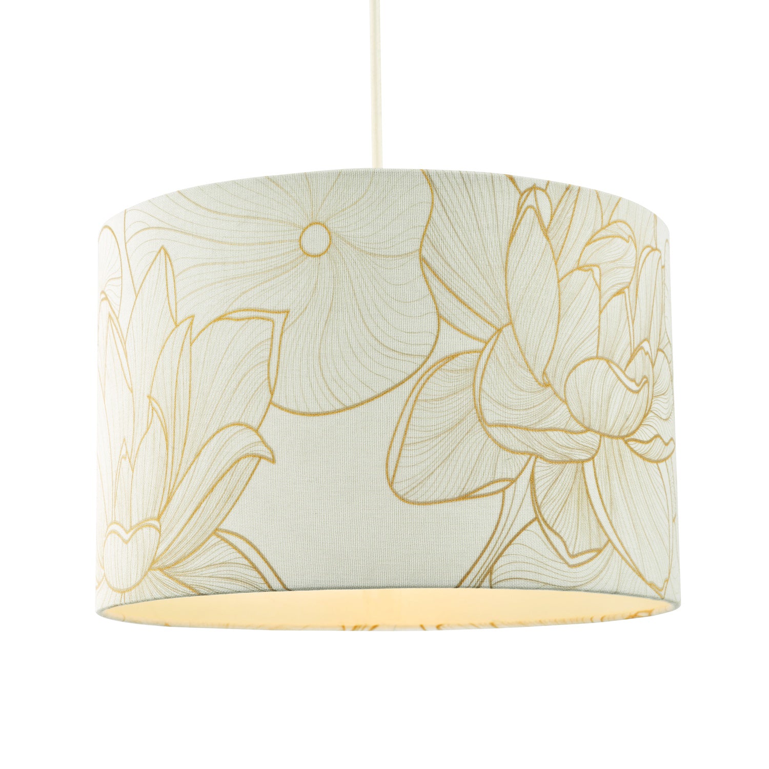 Designer Cream Linen Fabric 12 Inch Lampshade with Large Shiny Gold Foil Flowers Image 2