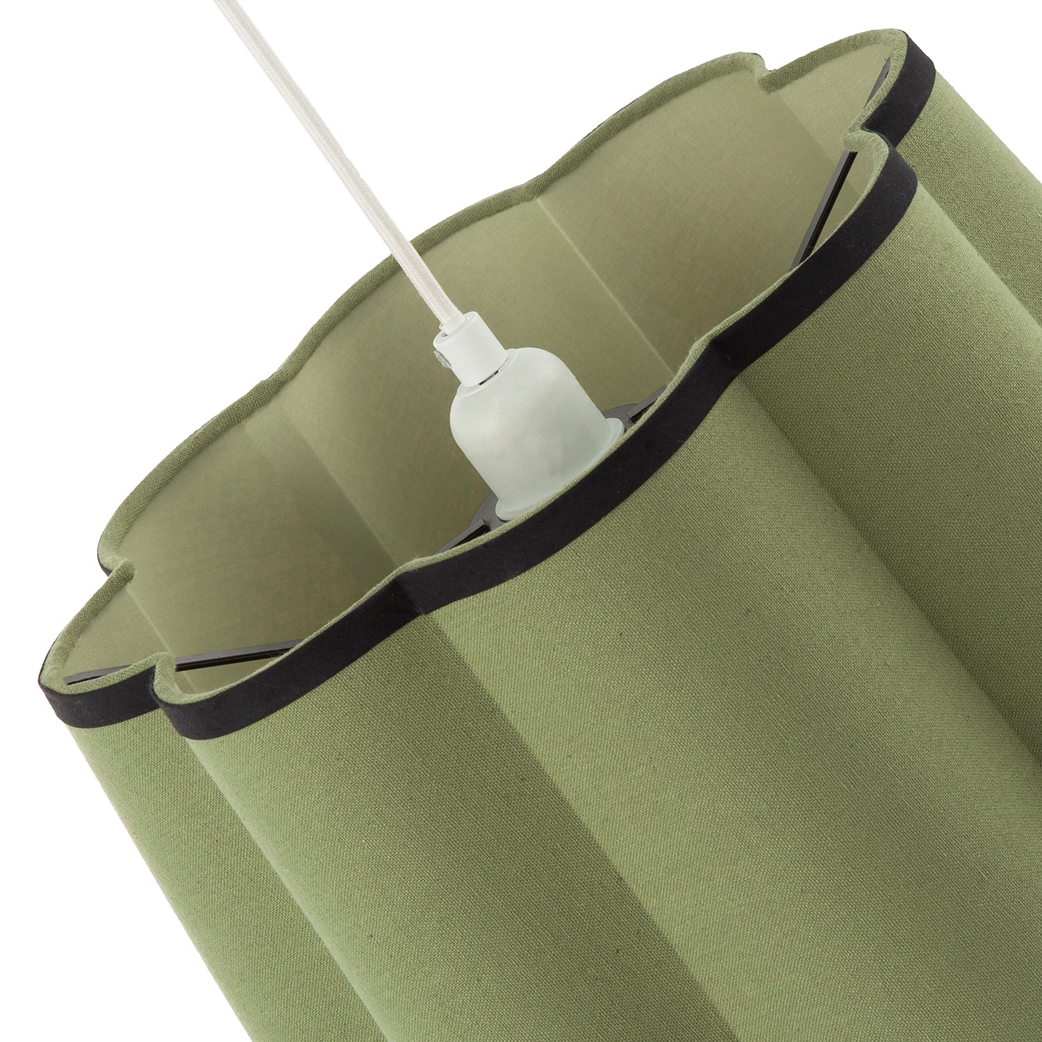 Olive Green Linen Scallop Drum Lamp Shade with Black Cotton Trims Image 5