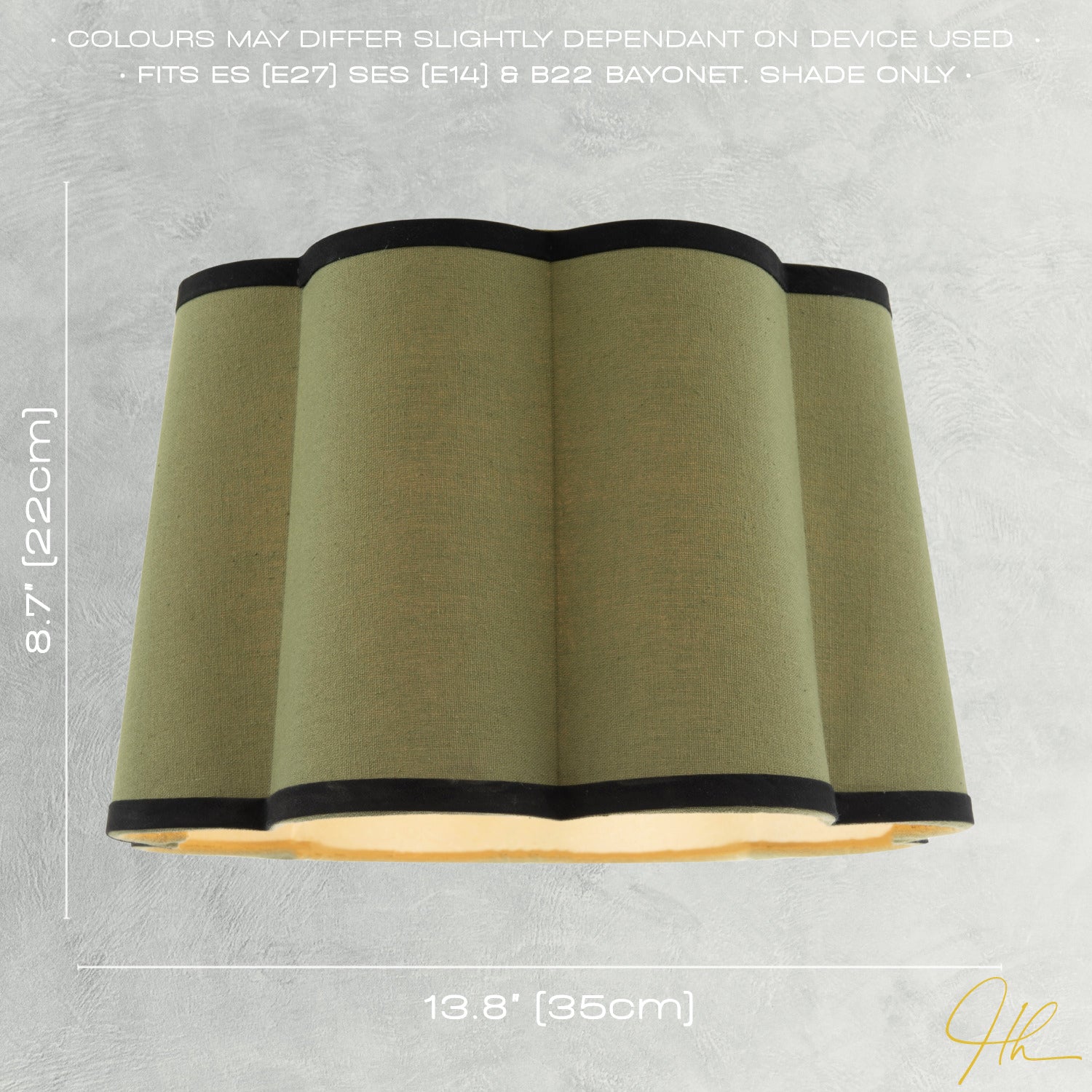 Olive Green Linen Scallop Drum Lamp Shade with Black Cotton Trims Image 6