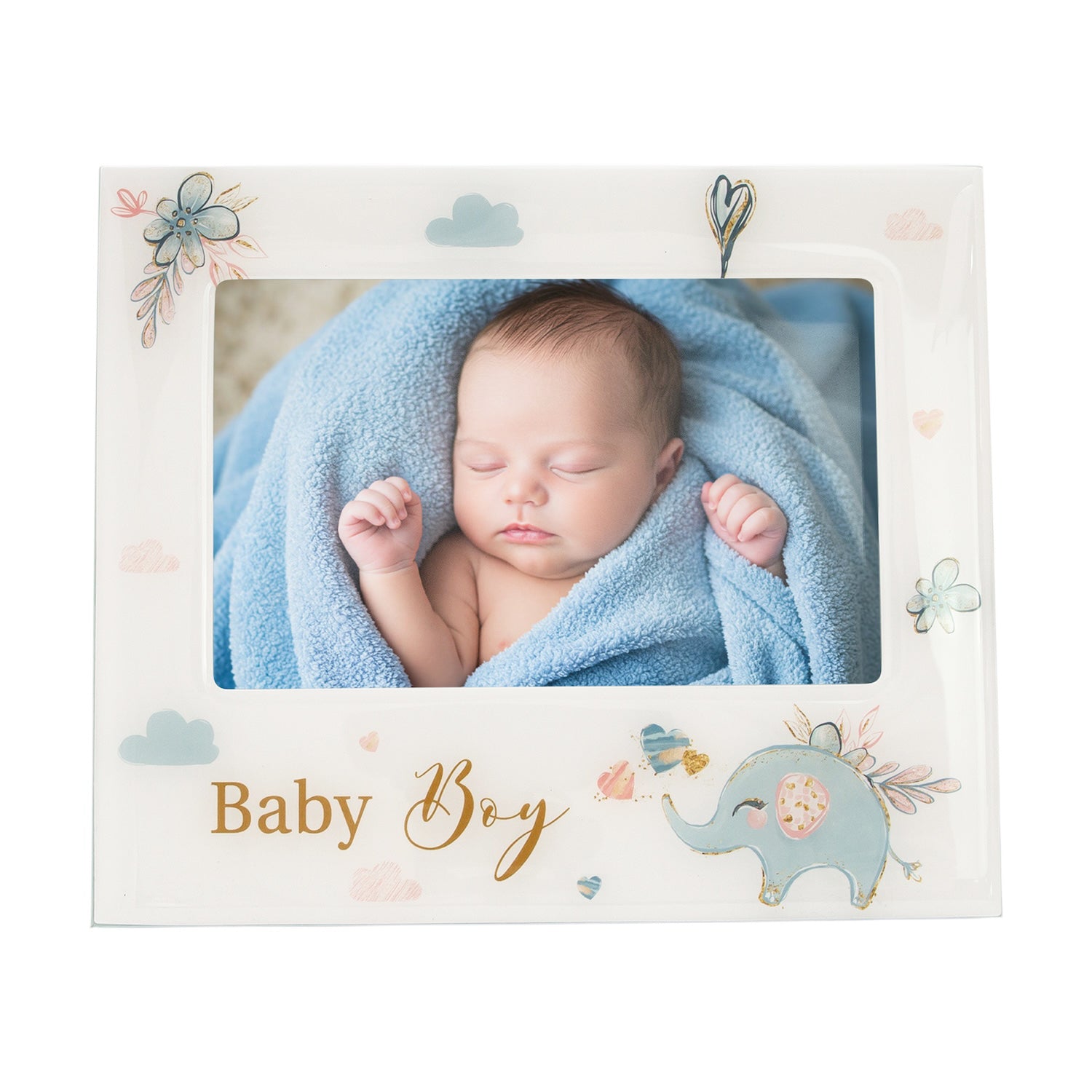 Baby Boy Baby Picture Frame with Duck Egg Blue Elephant and Hearts Image 3