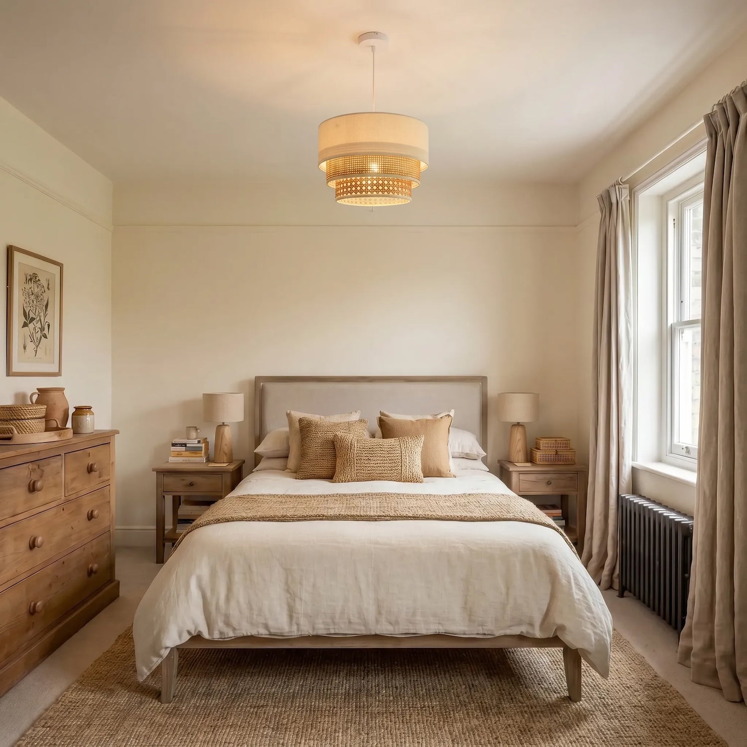 Contemporary Triple Tier Cream Linen and Natural Rattan Pendant Shade Image 6