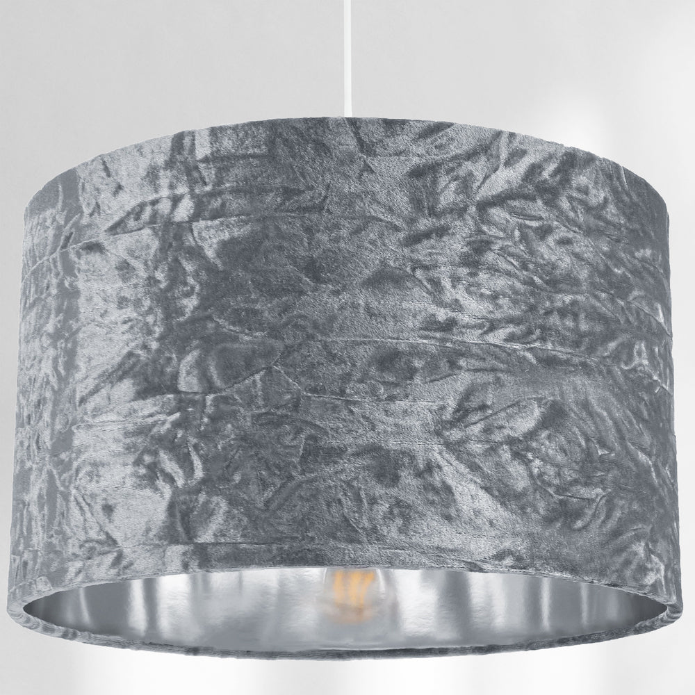 Modern Silver Crushed Velvet 14" Table/Pendant Lampshade with Shiny Silver Inner Image 5