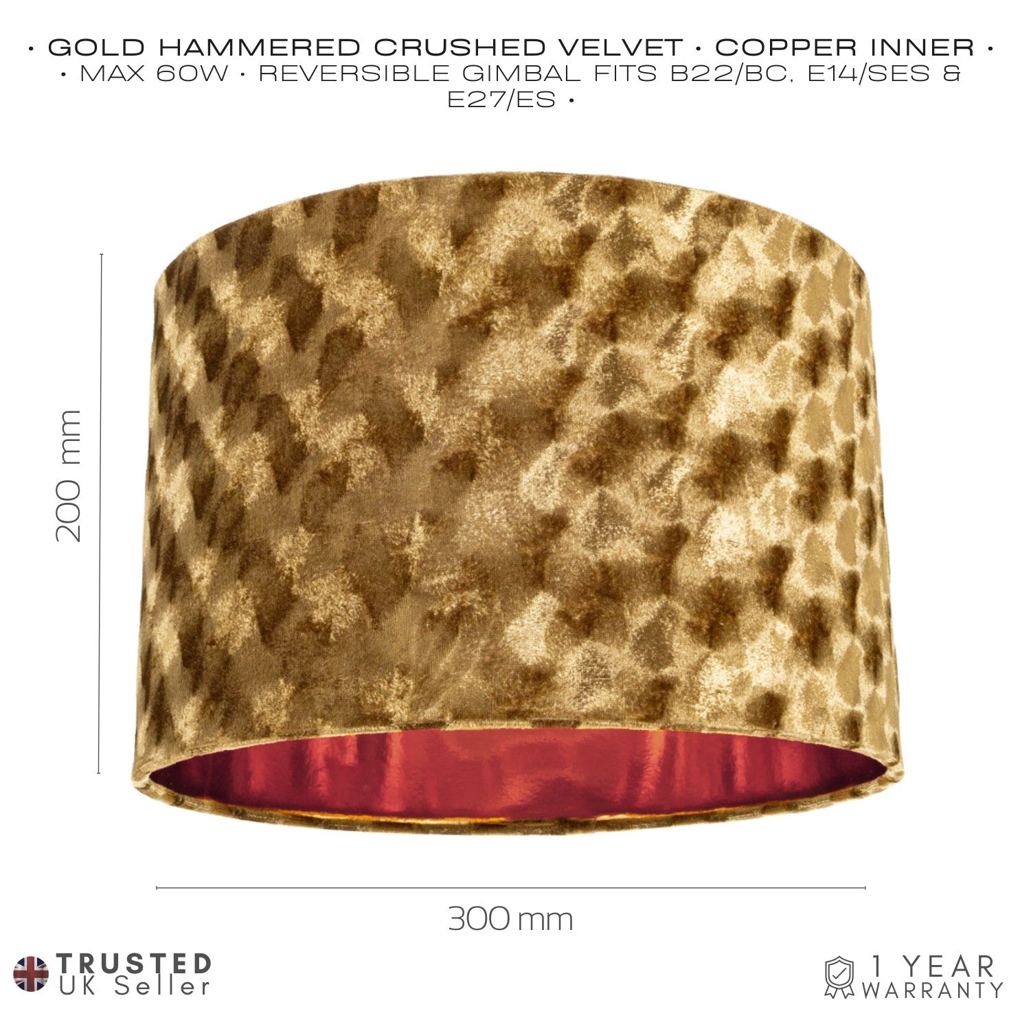 Modern Metallic Gold Hammered Effect Crushed Velvet 12" Shade with Copper Inner Image 6