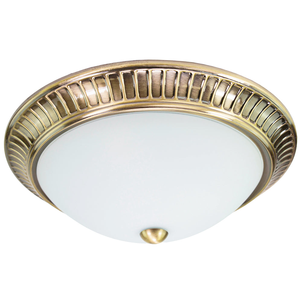 Traditional Antique Brass Flush Ceiling Light Fitting with Opal Glass Diffuser Image 1