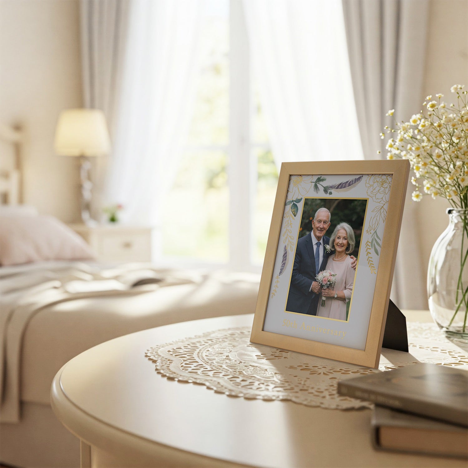 Modern 50th Anniversary 4x6 Frame in Brushed Gold with Floral Decor Image 5