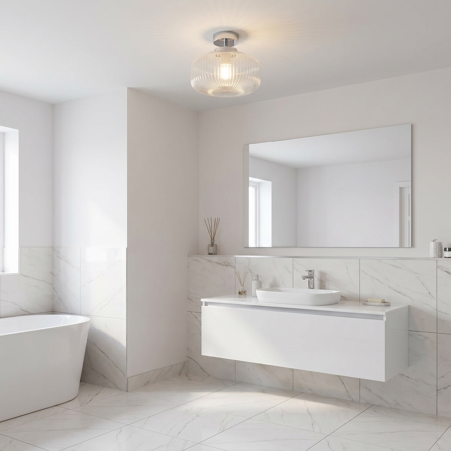 Modern Bathroom Ceiling Light with Clear Fluted Glass in Shiny Chrome Image 6