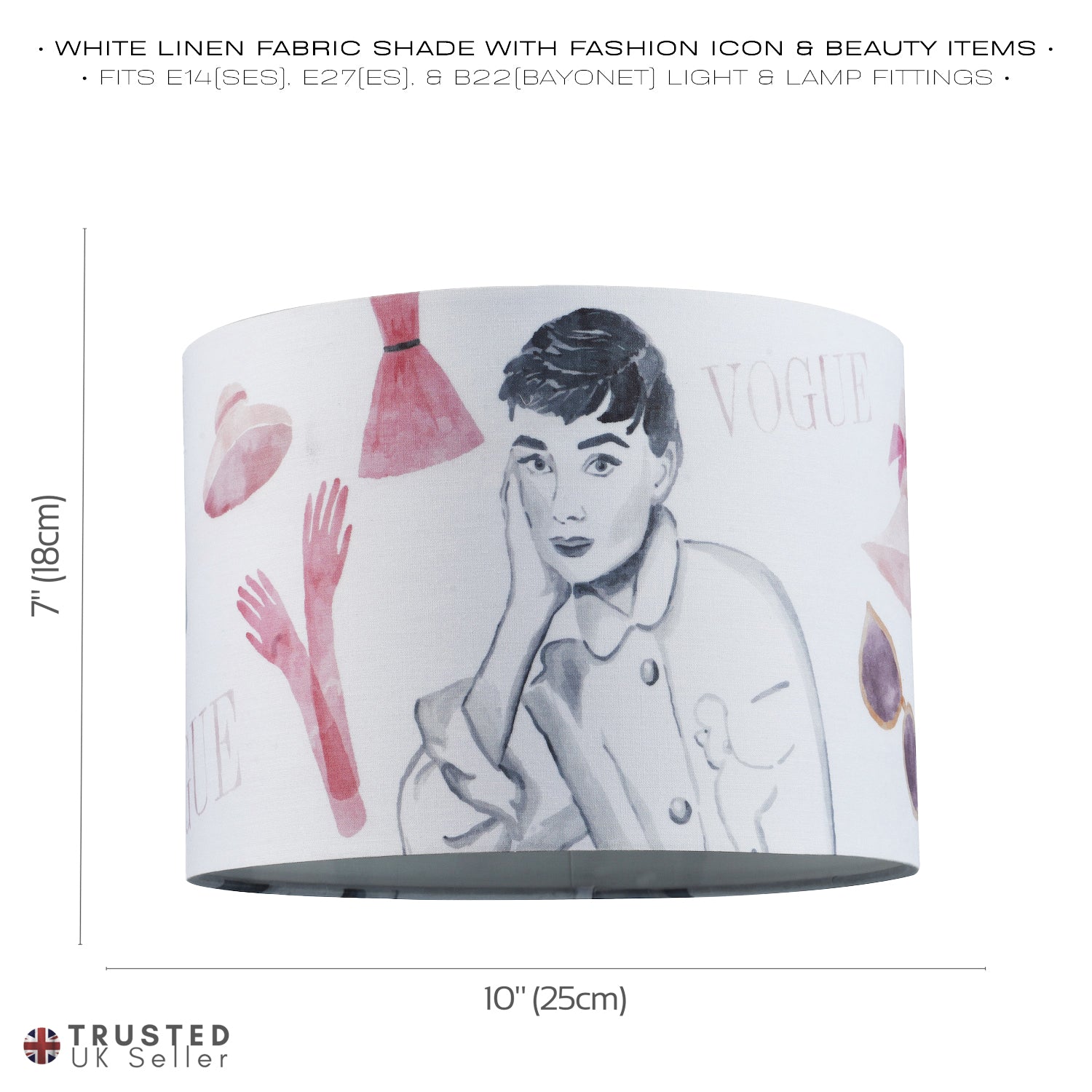 Audrey Hepburn Vogue Themed Fabric Lamp Shade with Pink Dresses and Gloves Image 6