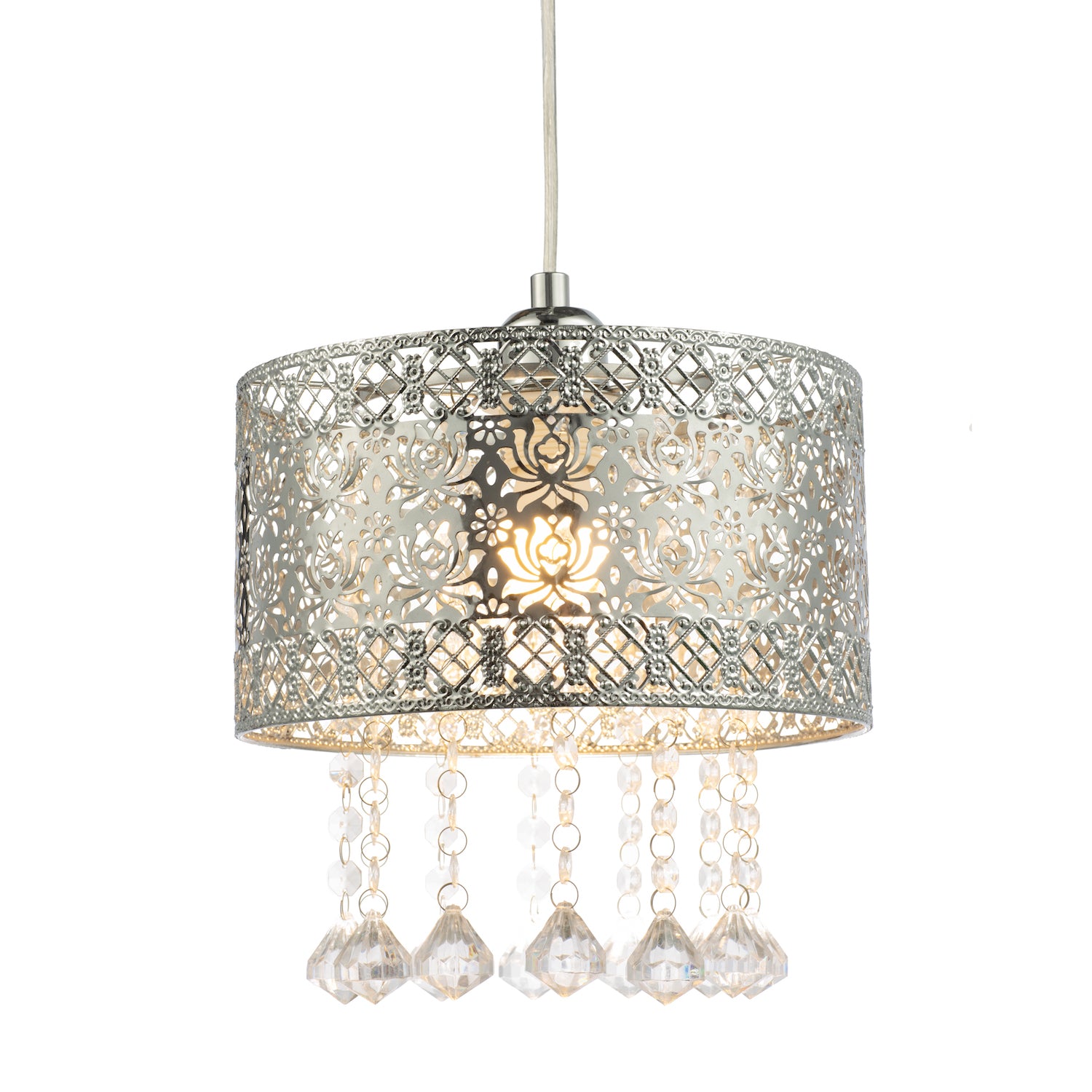 Floral Moroccan Pendant Light Shade in Shiny Chrome with Clear Acrylic Droplets Image 2