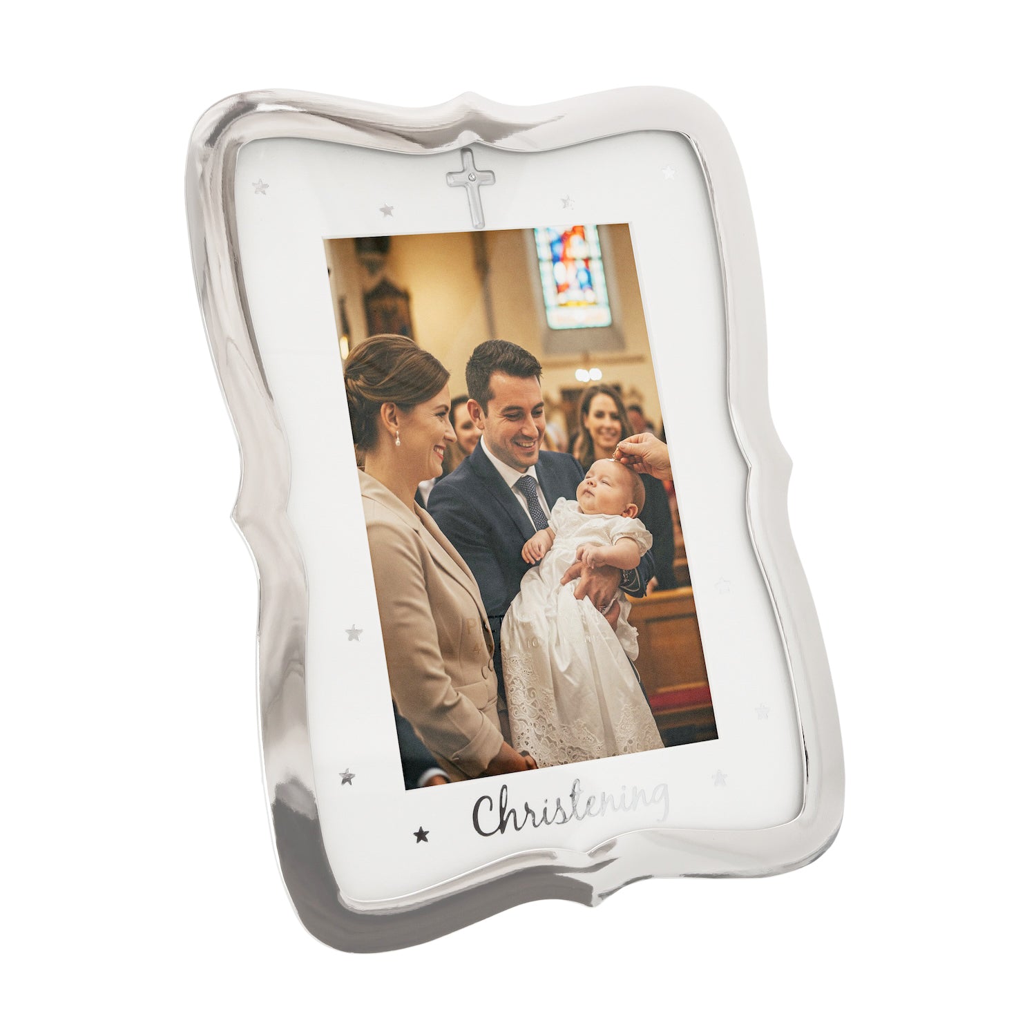Christening Picture Frame Nickel Plated with Diamante Cross and Stars Image 2