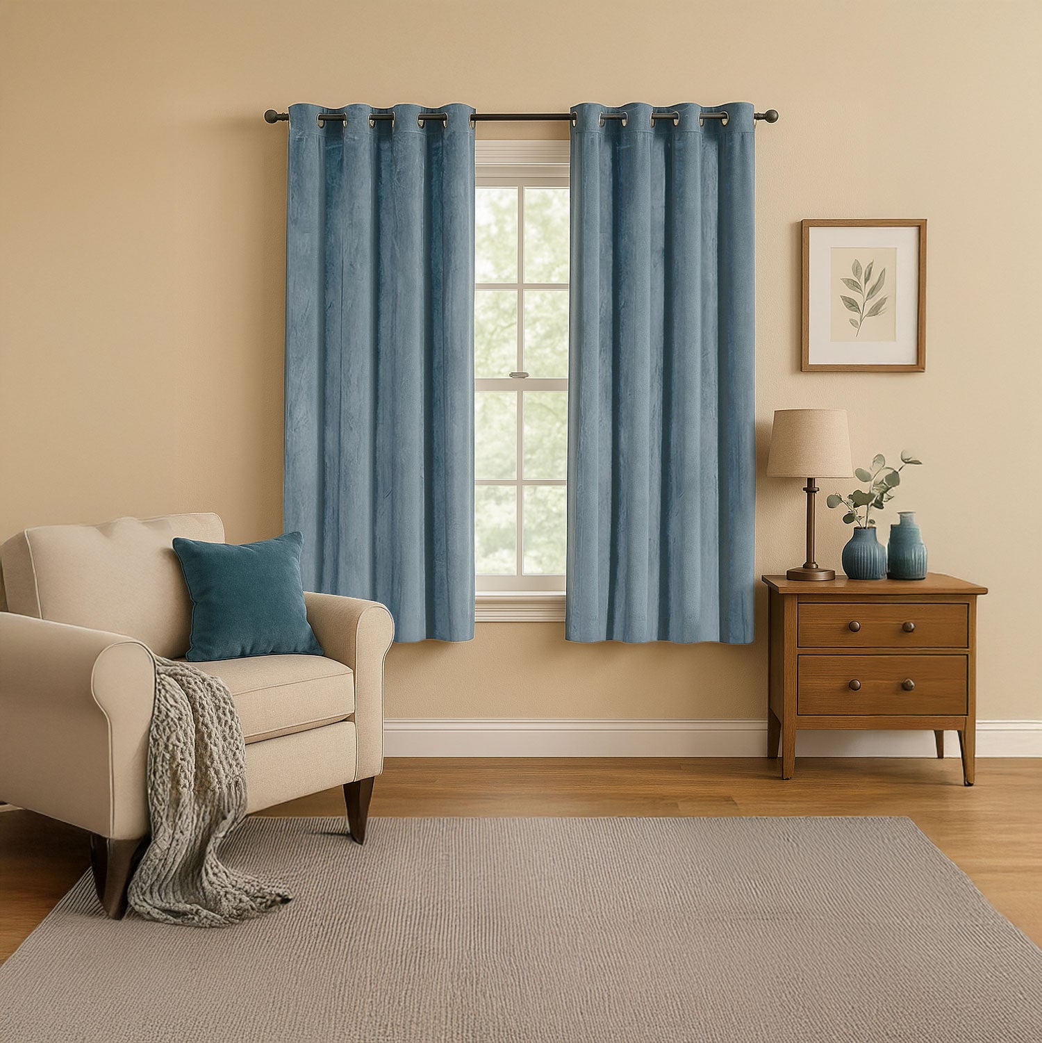 Dusty Blue Velvet Blackout Eyelet Curtains - 46x63 Inch Drop - 2 Panel Image 6