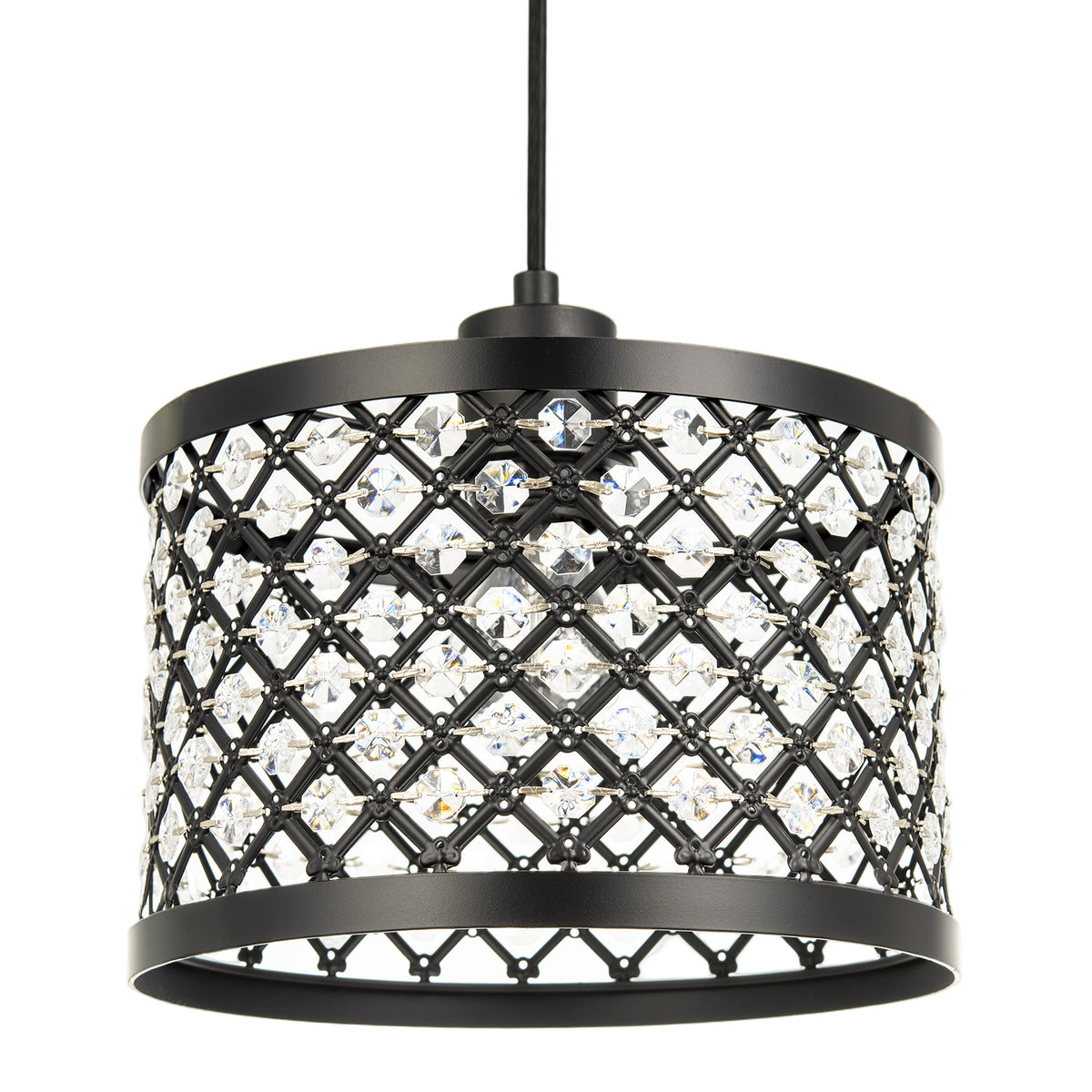 Modern Ornate Black Metal Pendant Shade with Clear Acrylic Beads Image 1