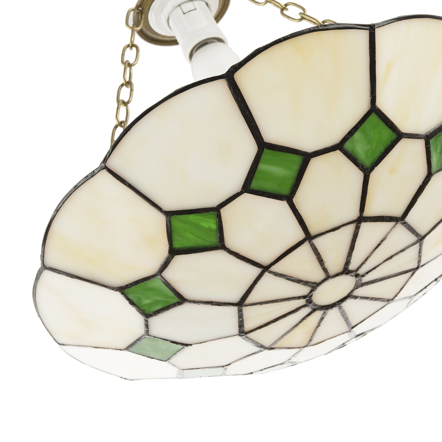 Classic Amber Stained Glass Tiffany Pendant Lighting Shade with Green Diamonds Image 4