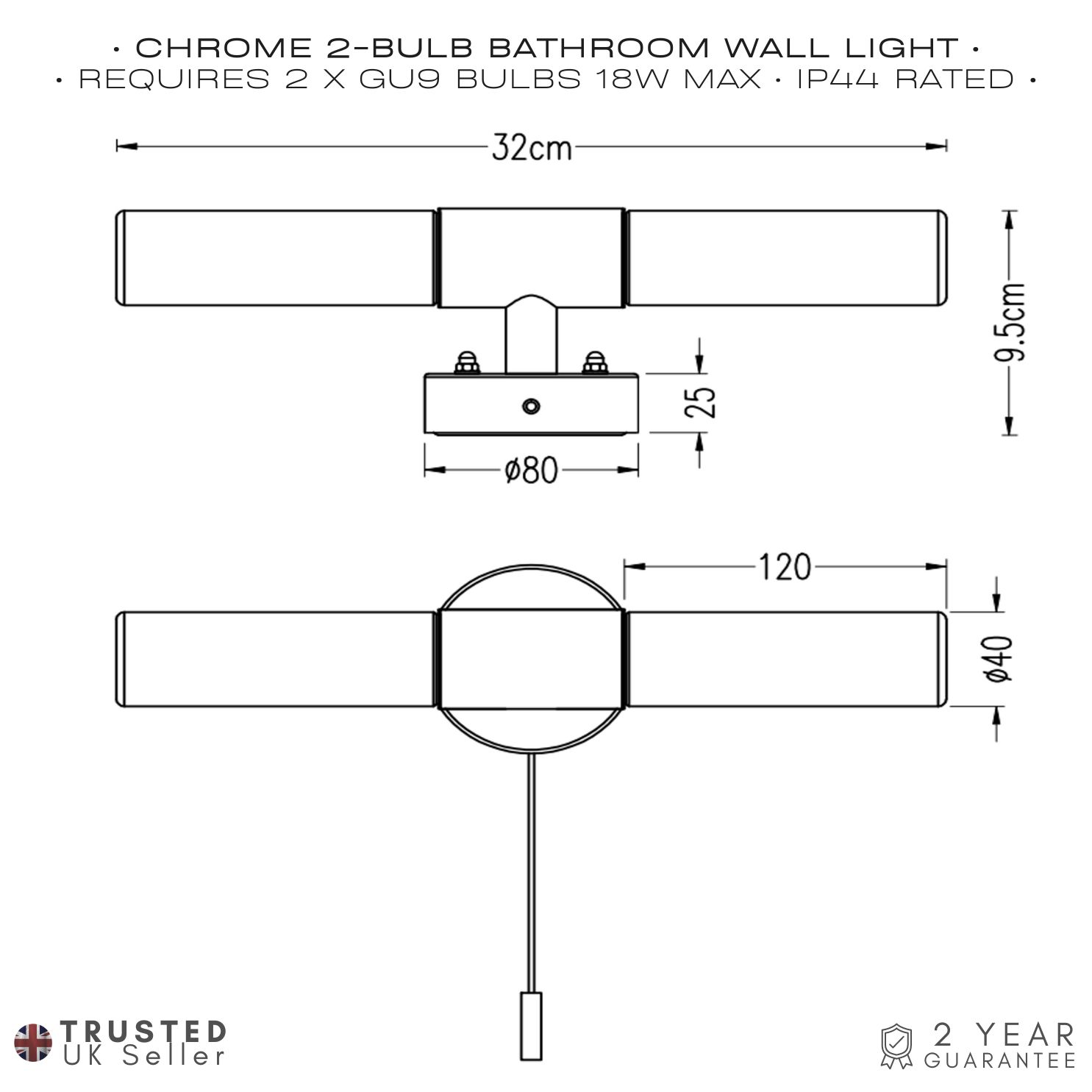 Modern Chrome IP44 Rated Bathroom Wall Light Fitting with Tubular Glass Shades Image 4